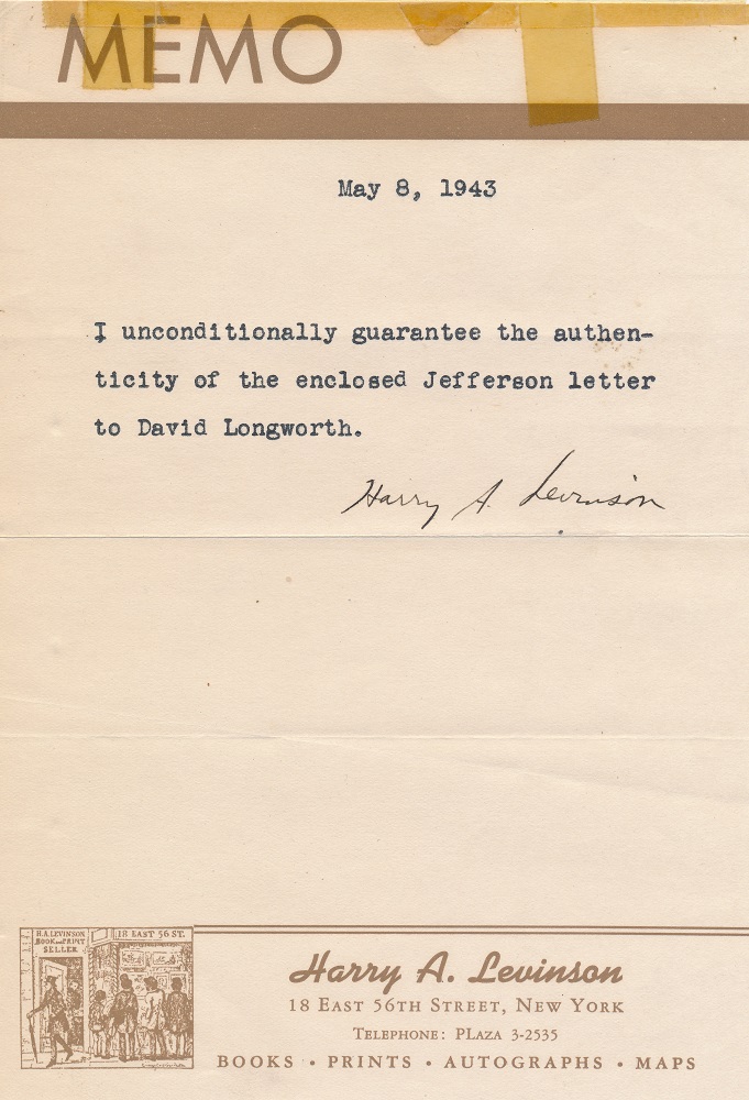 Levinson letter attesting to authenticity of Jefferson manuscript